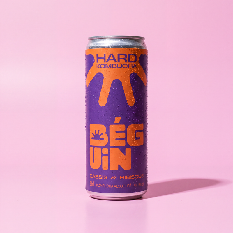 Canette 33 cl de Béguin Cassis Hibiscus, hard kombucha bio à 5 %