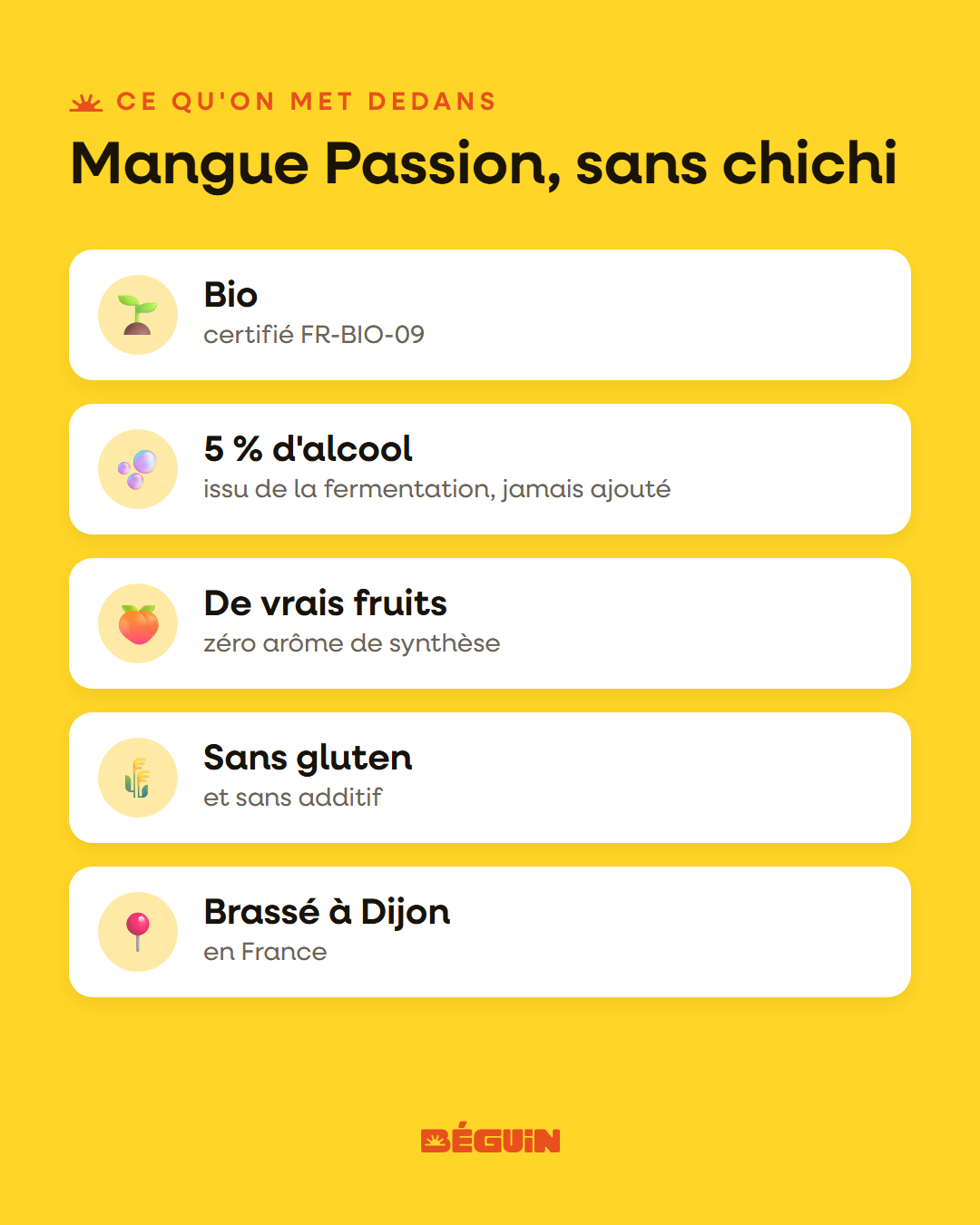 Étiquette Béguin Mangue Passion : bio, sans gluten, 5 % alc., 33 cl