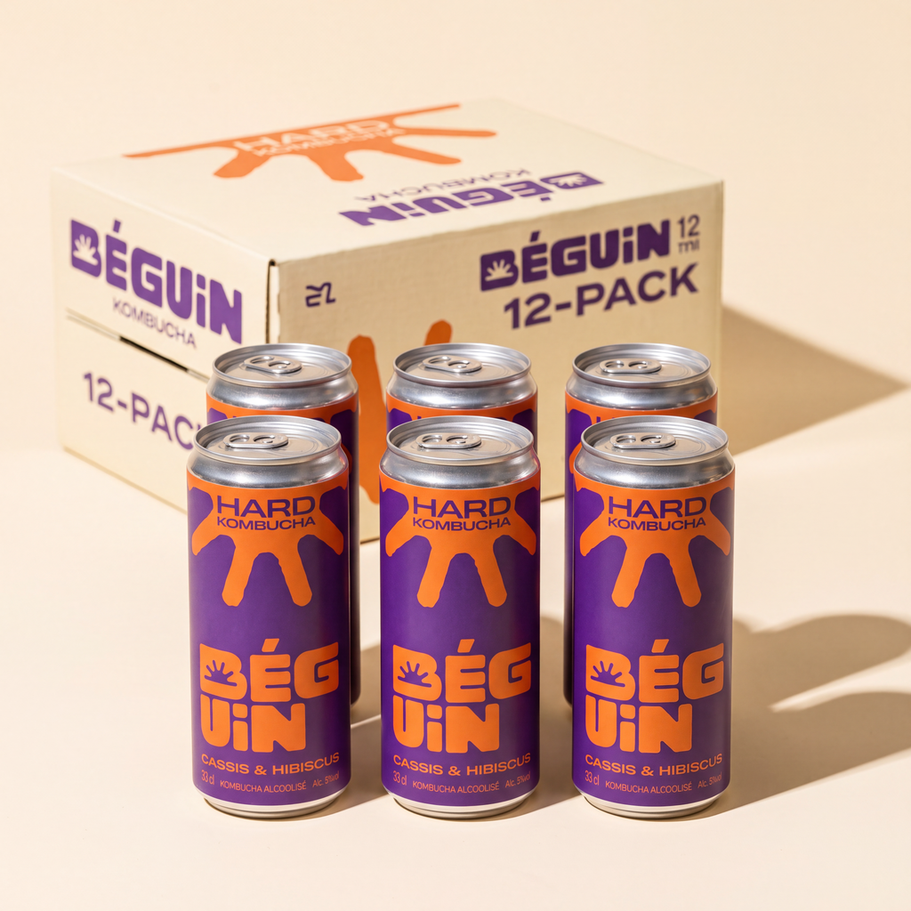 Les formats Béguin Cassis Hibiscus : canette 33 cl et packs de 6, 12 et 24